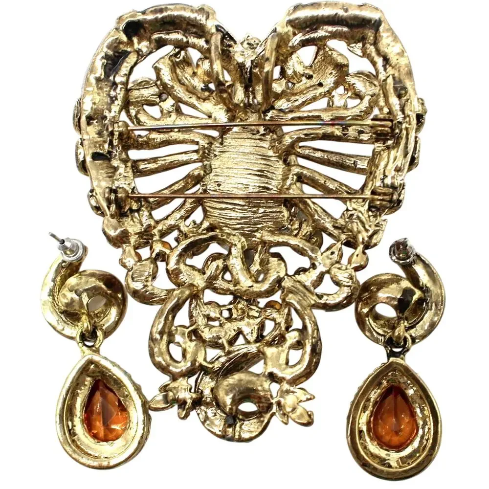 Big Spectacular Rhinestone Brooch Pendant Earring Set • AB Golden Orange 3